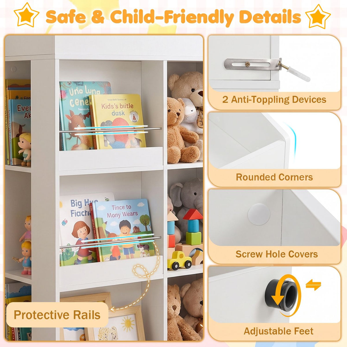 Close-ups show bookshelf rails, rounded corners, screw-hole covers, adjustable feet, and a wall fastener.