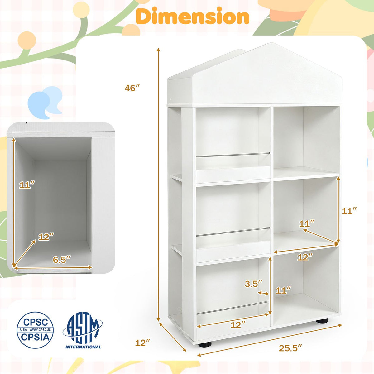 White house-shaped bookshelf shown beside a close-up of one storage compartment.