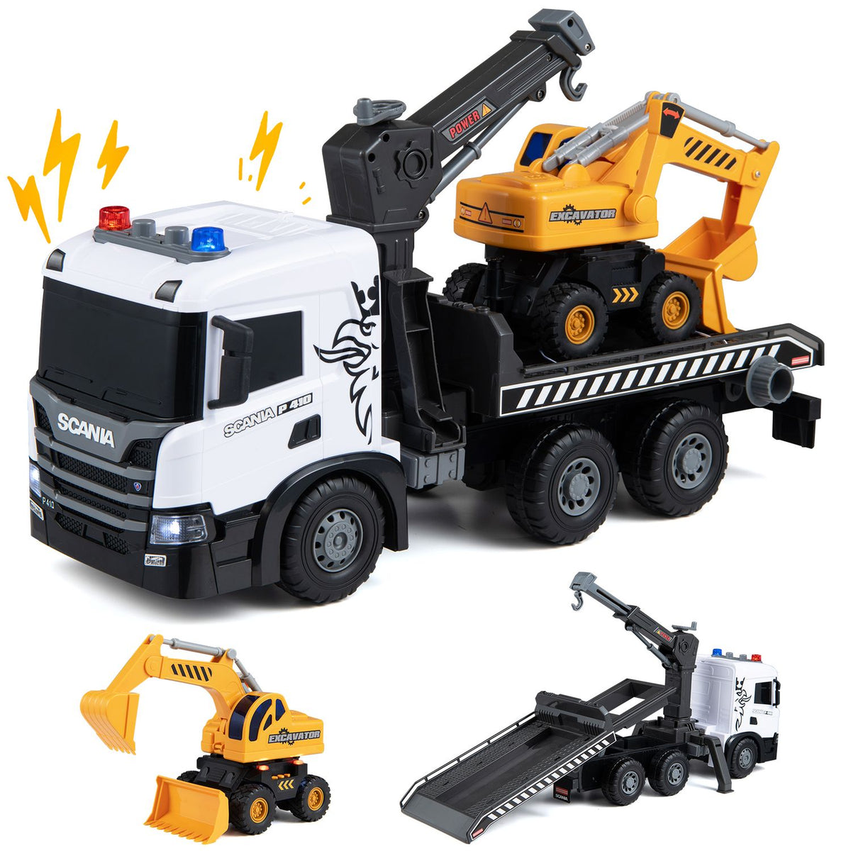 Kids Construction Truck Set Rescue Tow Truck with Sounds Licensed Scania, White