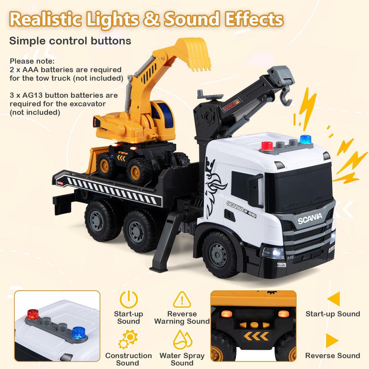 Kids Construction Truck Set Rescue Tow Truck with Sounds Licensed Scania, White