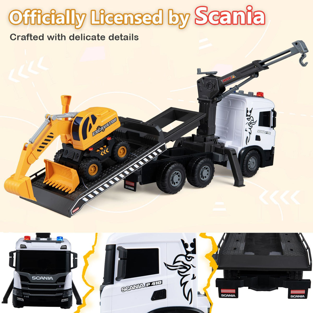 Kids Construction Truck Set Rescue Tow Truck with Sounds Licensed Scania, White
