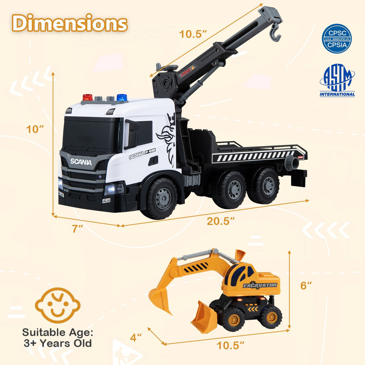 Kids Construction Truck Set Rescue Tow Truck with Sounds Licensed Scania, White