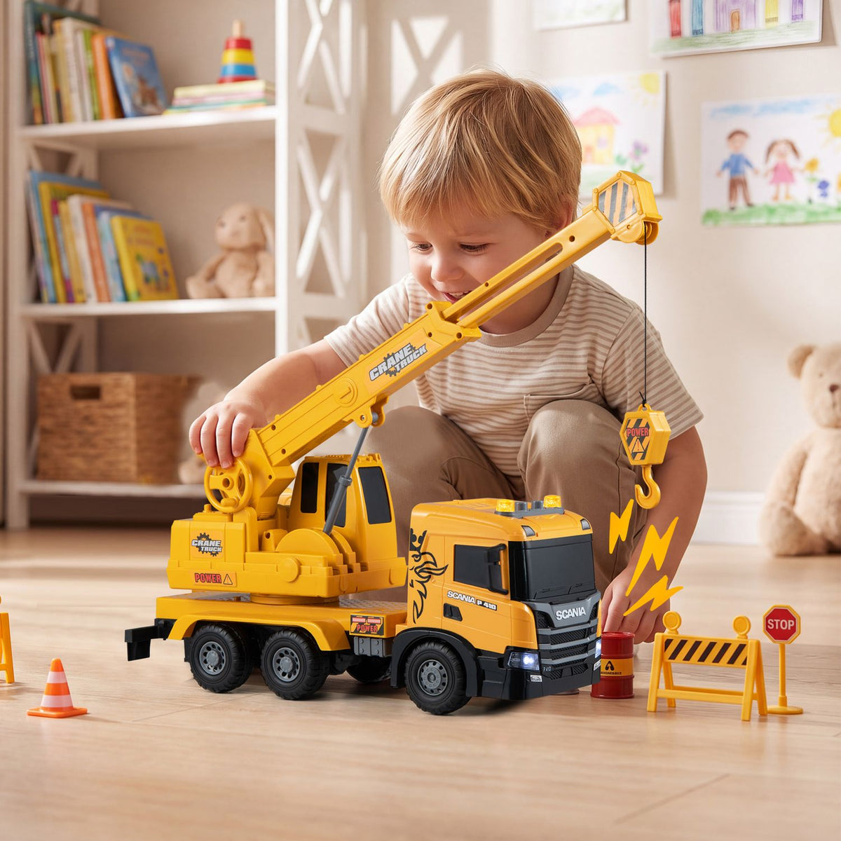 Kids Crane Truck Toy with Sounds and Telescopic Arm Licensed Scania, Yellow