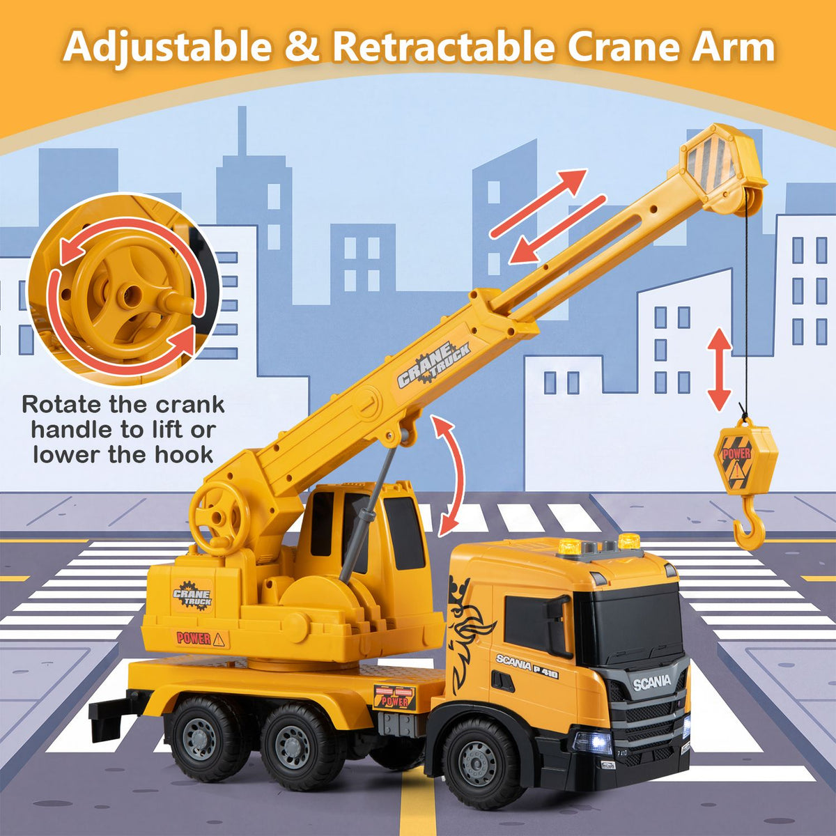 Kids Crane Truck Toy with Sounds and Telescopic Arm Licensed Scania, Yellow