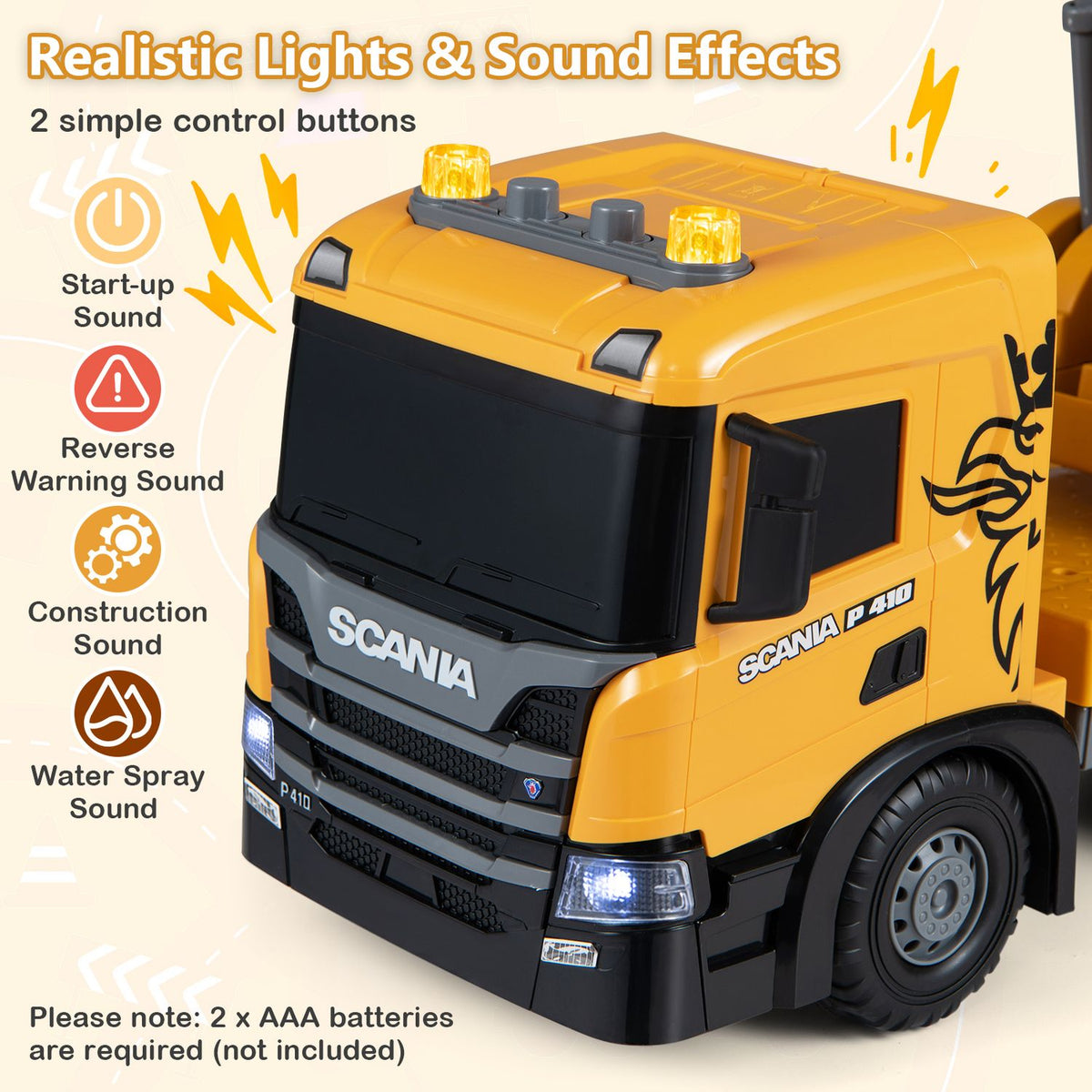 Kids Crane Truck Toy with Sounds and Telescopic Arm Licensed Scania, Yellow