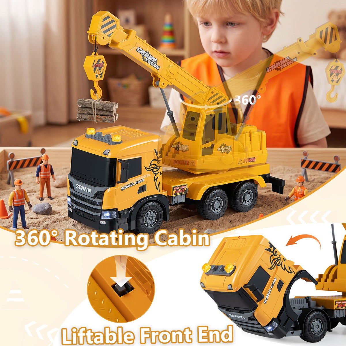 Kids Crane Truck Toy with Sounds and Telescopic Arm Licensed Scania, Yellow