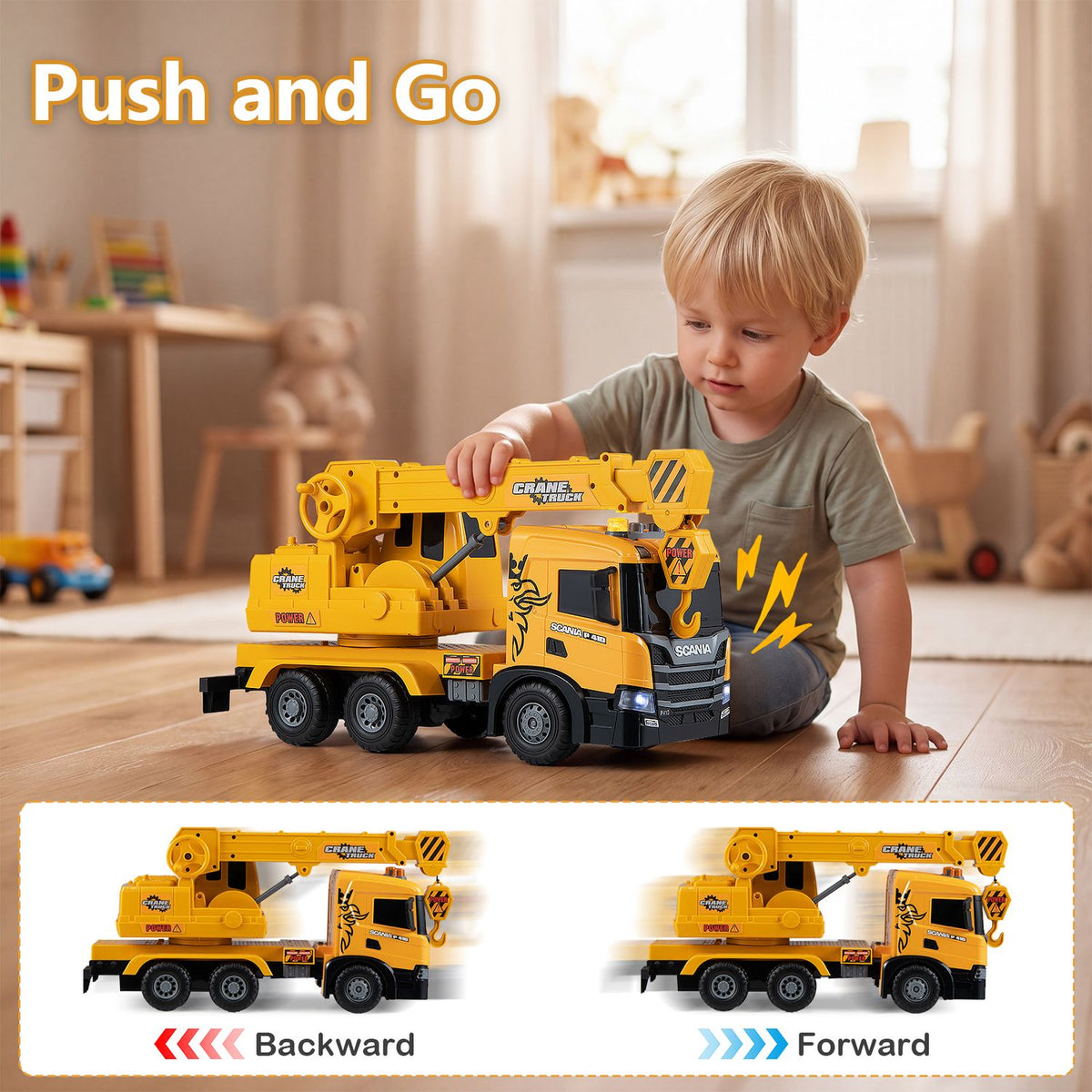 Kids Crane Truck Toy with Sounds and Telescopic Arm Licensed Scania, Yellow