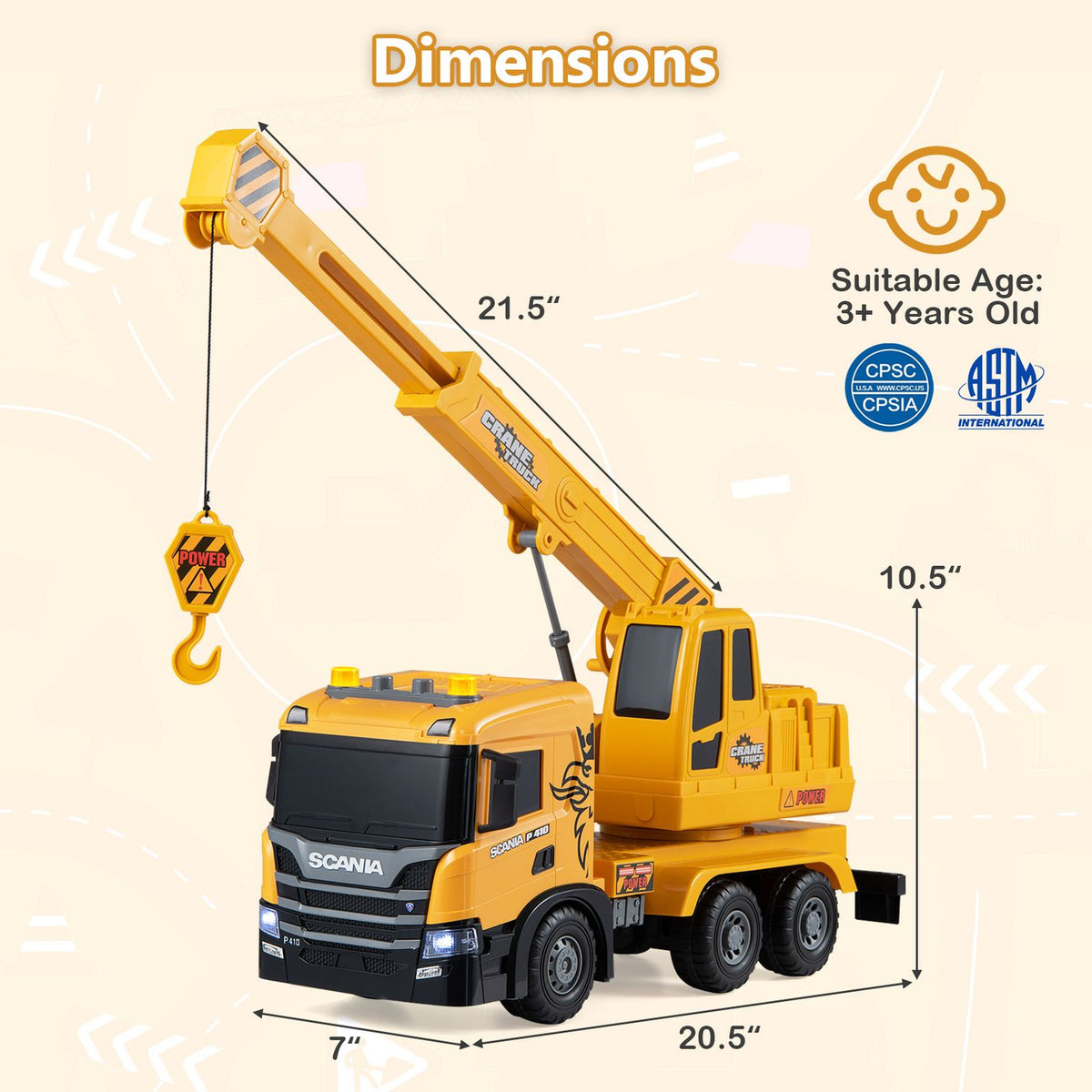 Kids Crane Truck Toy with Sounds and Telescopic Arm Licensed Scania, Yellow