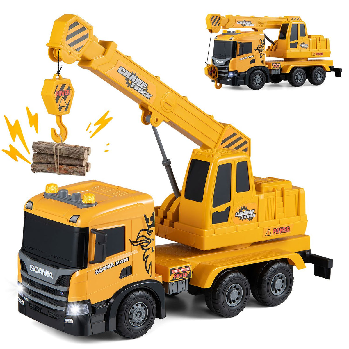 Kids Crane Truck Toy with Sounds and Telescopic Arm Licensed Scania, Yellow
