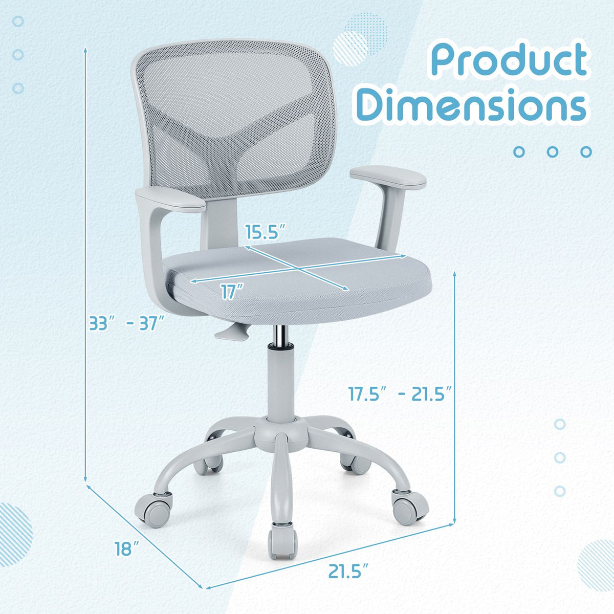 Gray mesh-back chair with measurement lines showing its overall and seat dimensions