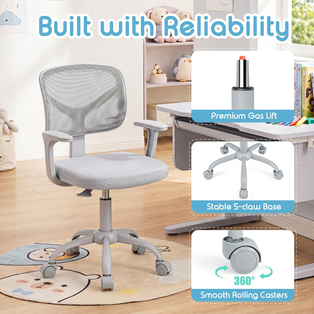 A gray mesh-back chair with armrests and a five-wheel base, shown beside close-ups of its lift and caster.