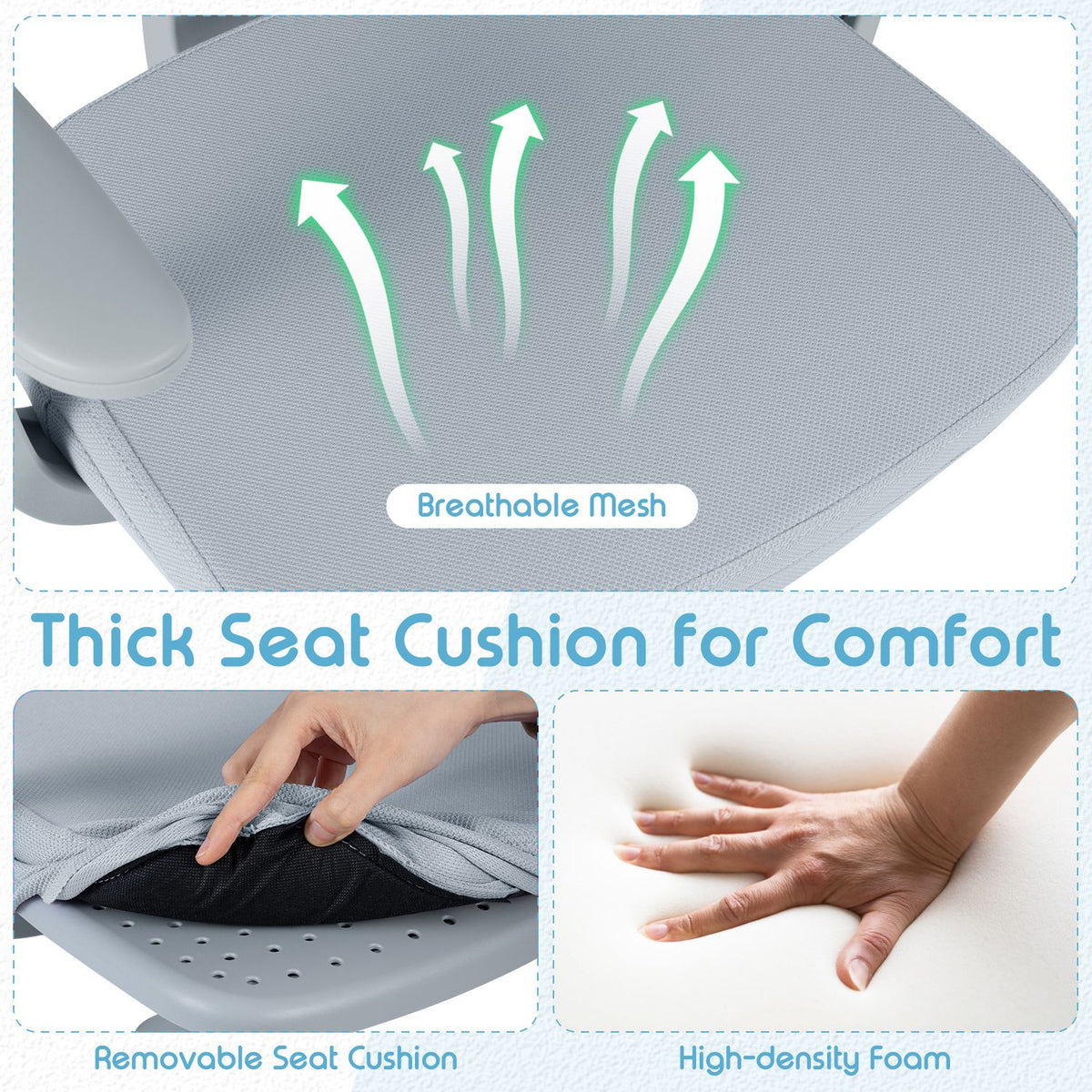 Close views show the gray mesh seat, its removable cushion, and a hand pressing the exposed foam.