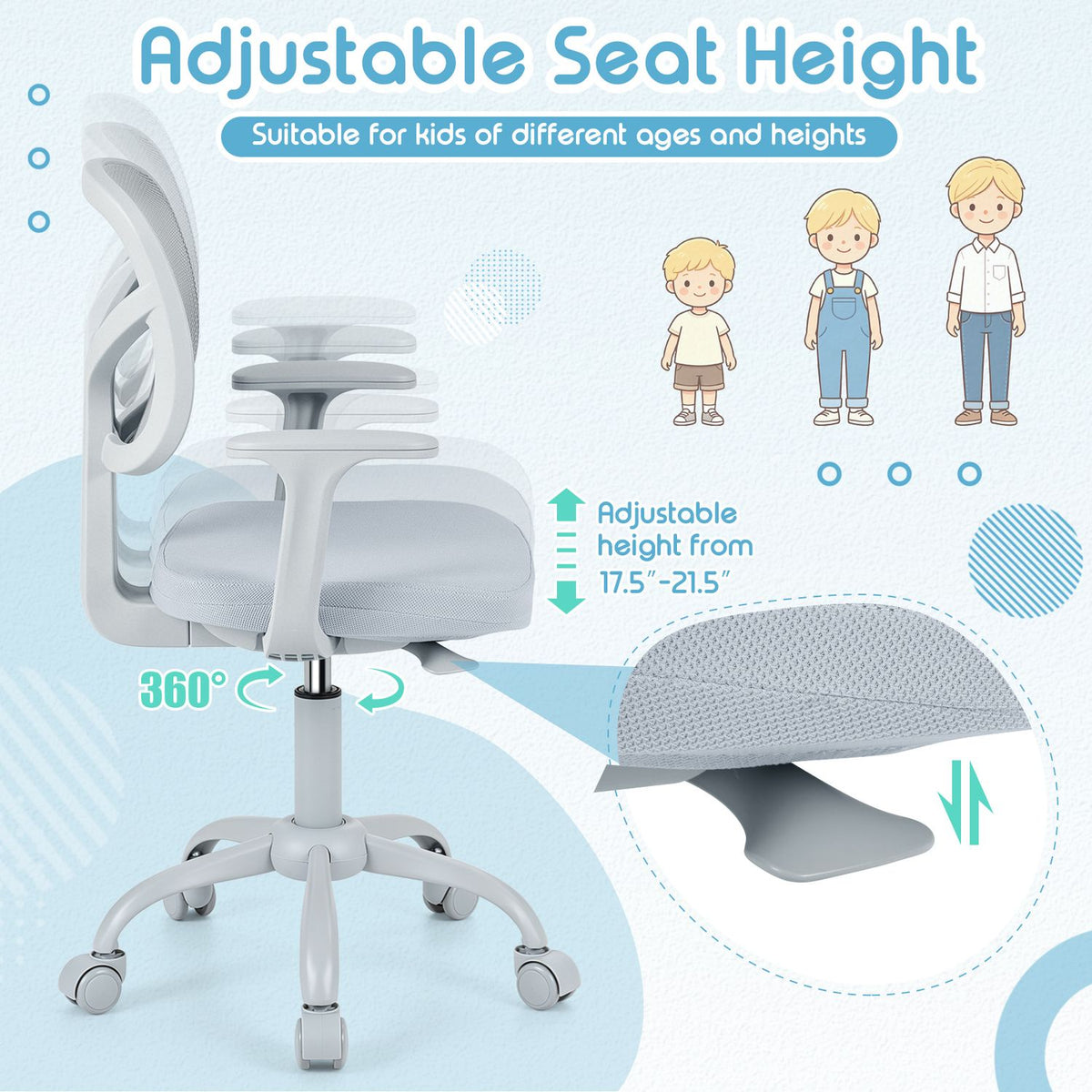 The gray chair is shown at different seat heights, with a close-up of the mesh seat and underside.