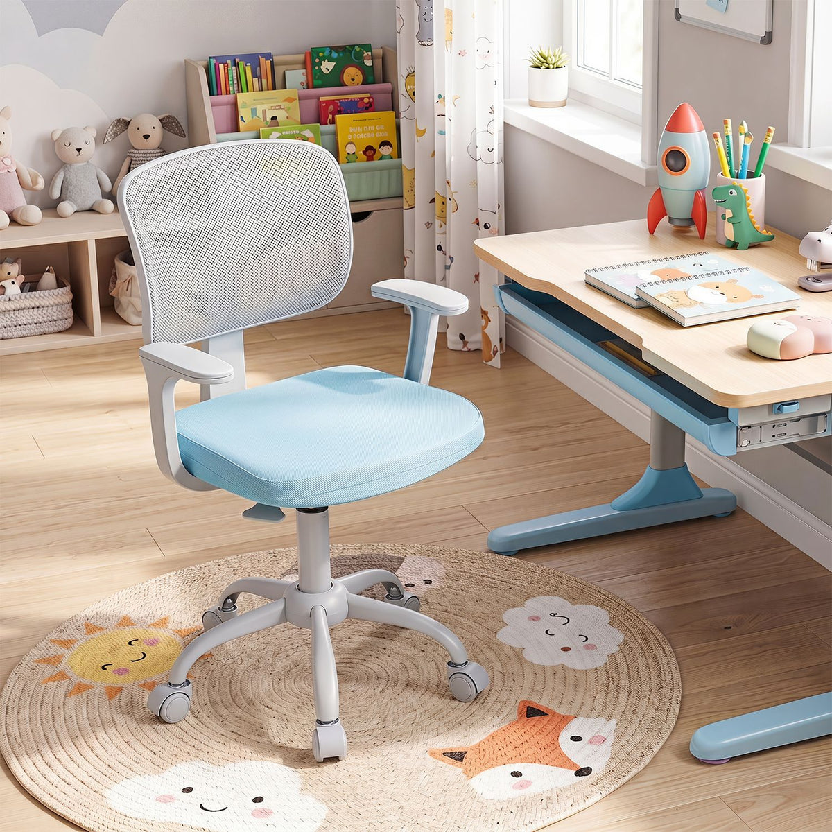 Light blue swivel chair with a mesh back and armrests beside a wooden-top desk.