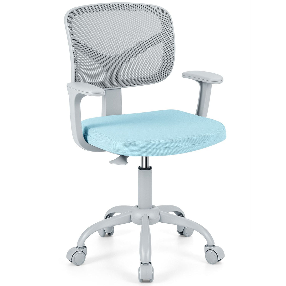 Light blue padded chair shown alone against a white background, with mesh back, armrests and caster base.