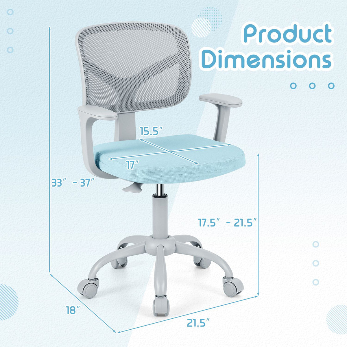 Chair shown with measurement guide lines and dimension callouts around the seat and base.