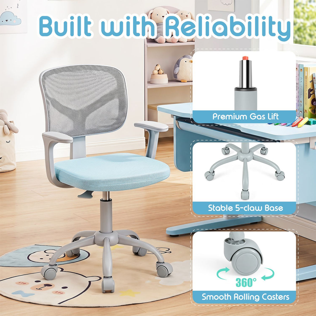 Light blue and gray chair shown beside close-ups of its lift, five-wheel base, and caster.
