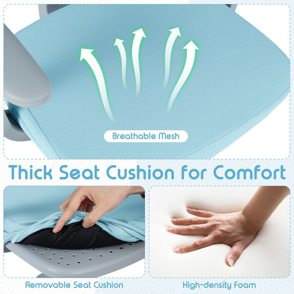 Close-up of the textured blue seat cushion, with inset views of its removable cover and foam.