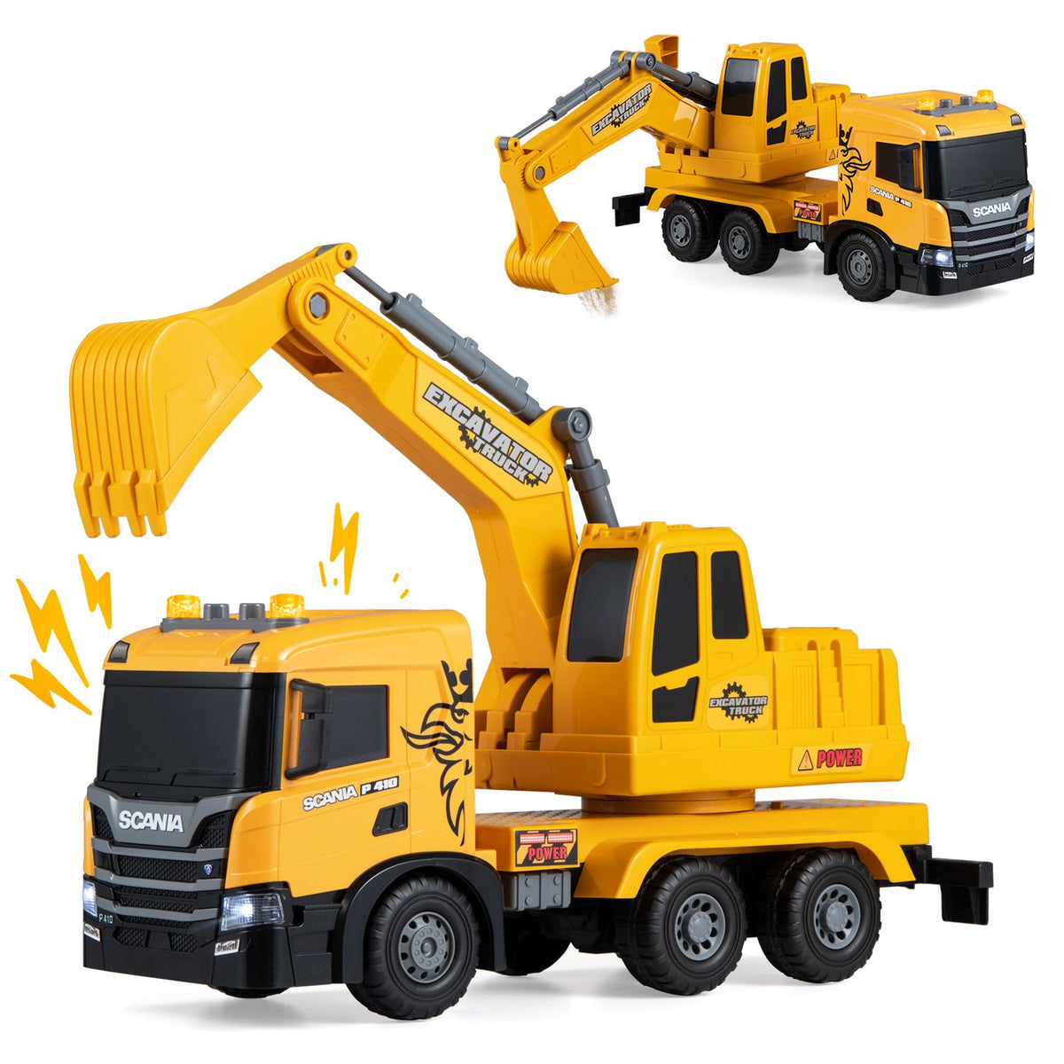 Kids Excavator Truck Toy with Adjustable Arm and Rotating Cab Licensed Scania, Yellow