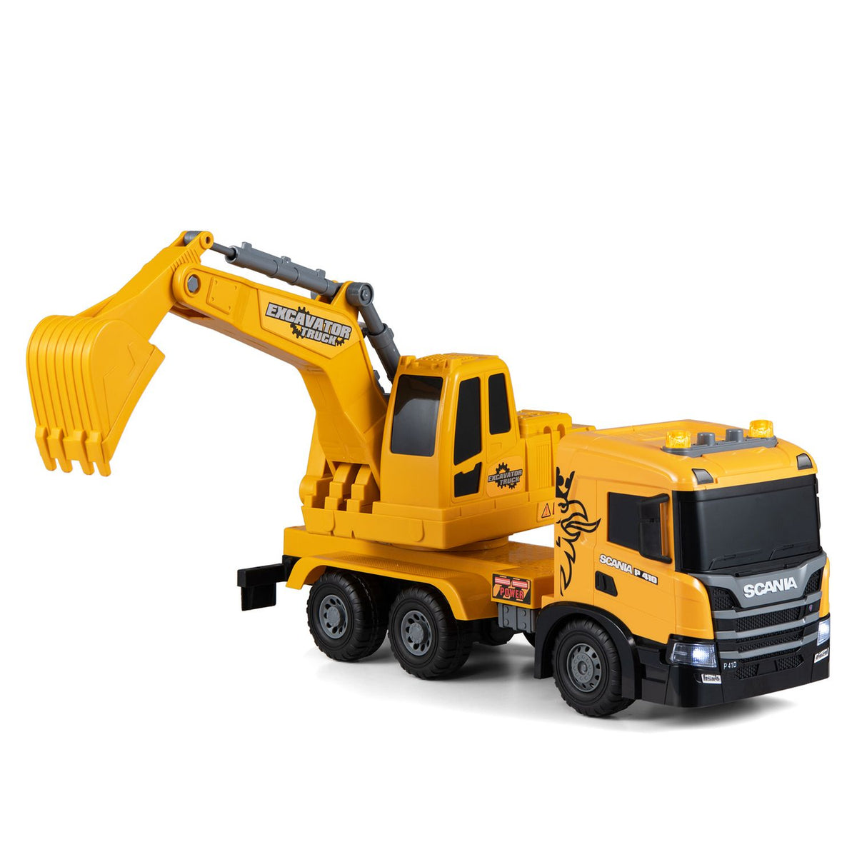 Kids Excavator Truck Toy with Adjustable Arm and Rotating Cab Licensed Scania, Yellow