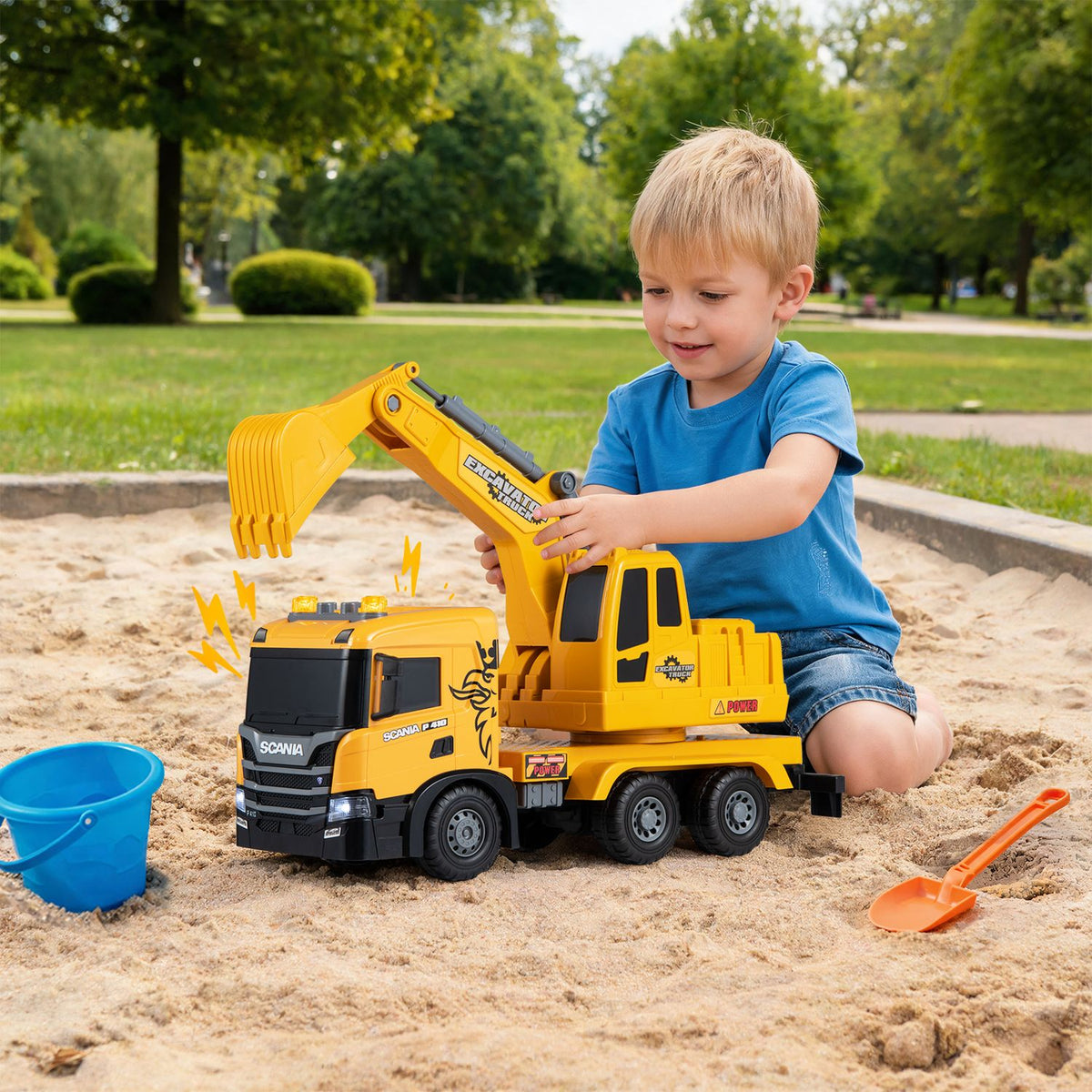 Kids Excavator Truck Toy with Adjustable Arm and Rotating Cab Licensed Scania, Yellow
