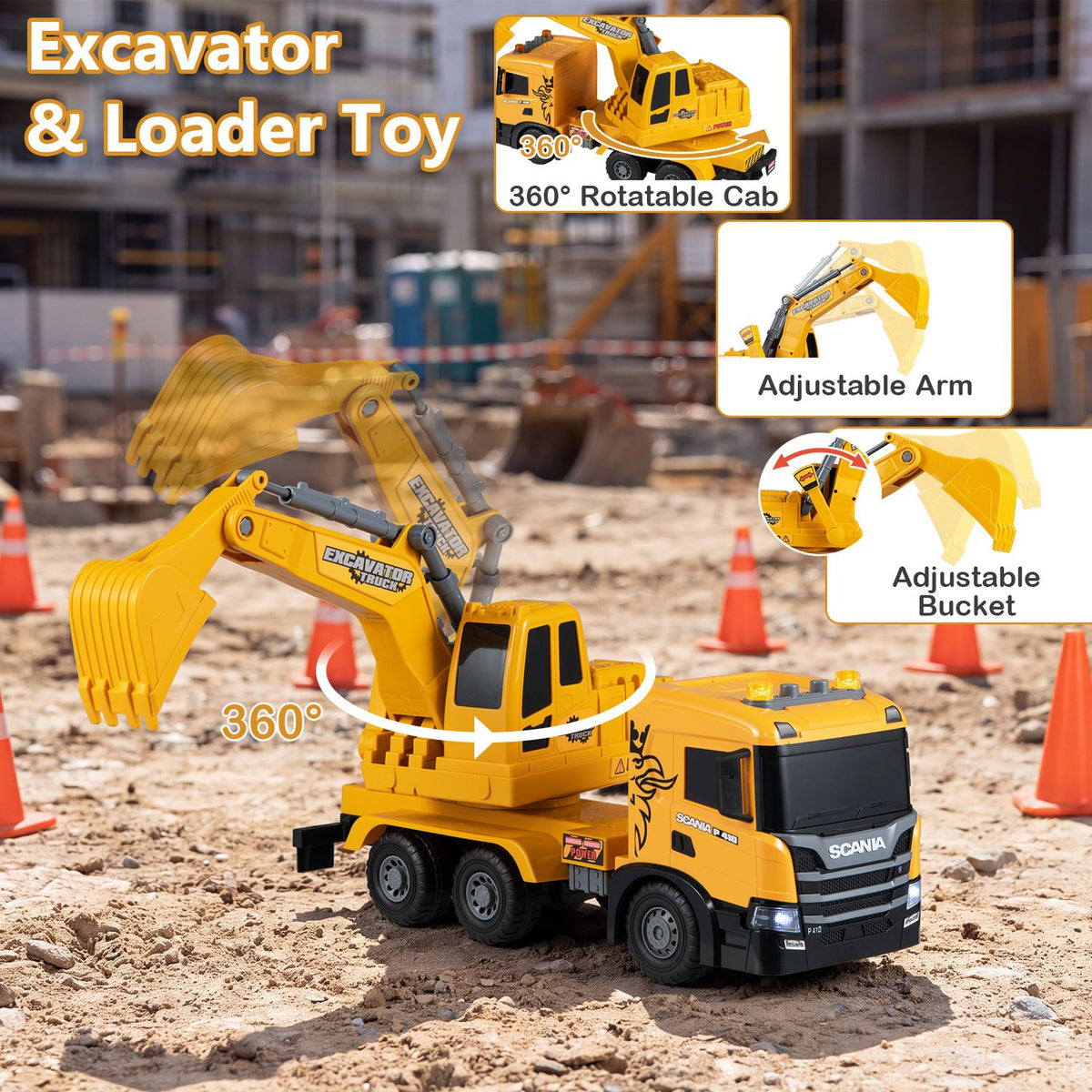 Kids Excavator Truck Toy with Adjustable Arm and Rotating Cab Licensed Scania, Yellow