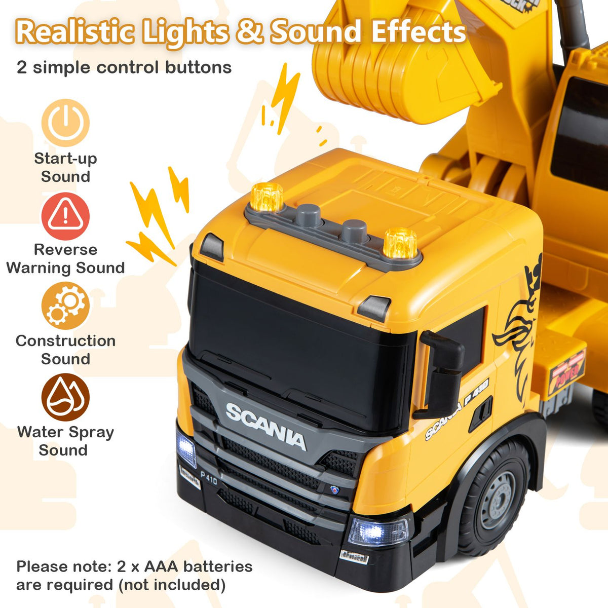 Kids Excavator Truck Toy with Adjustable Arm and Rotating Cab Licensed Scania, Yellow