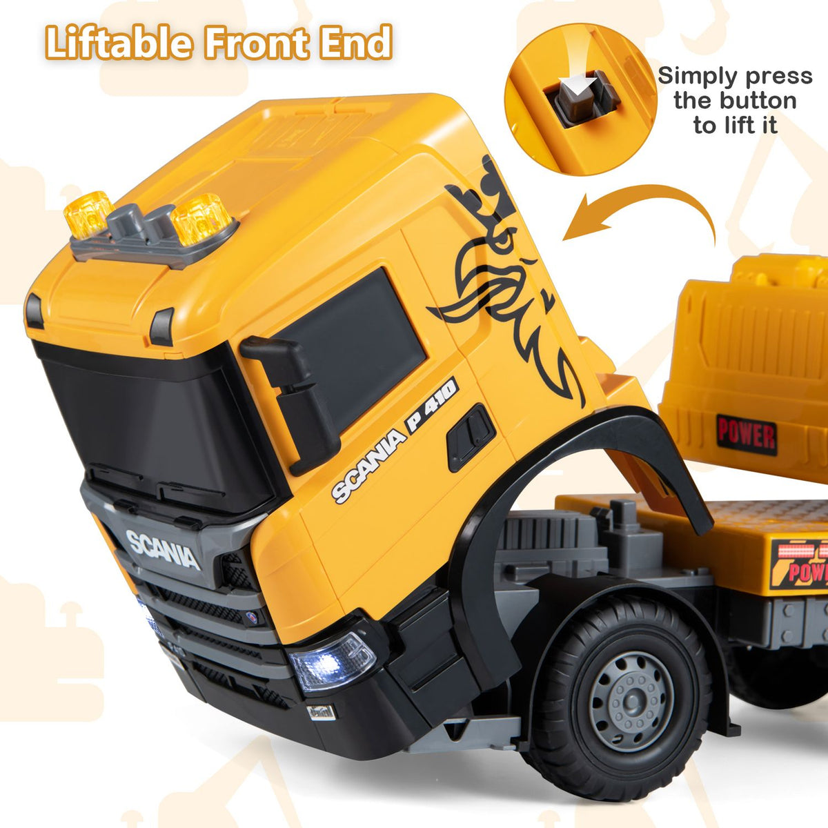Kids Excavator Truck Toy with Adjustable Arm and Rotating Cab Licensed Scania, Yellow