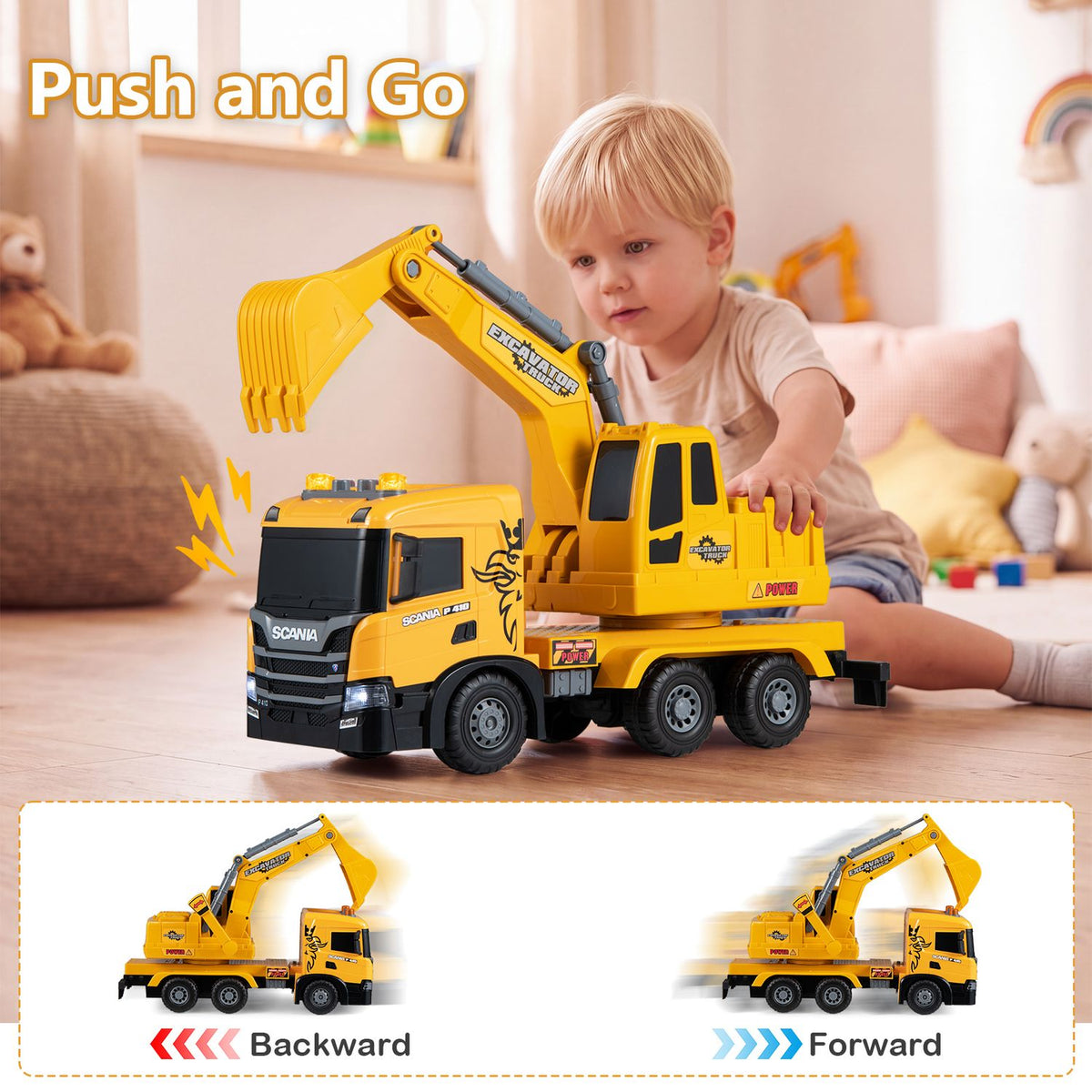 Kids Excavator Truck Toy with Adjustable Arm and Rotating Cab Licensed Scania, Yellow