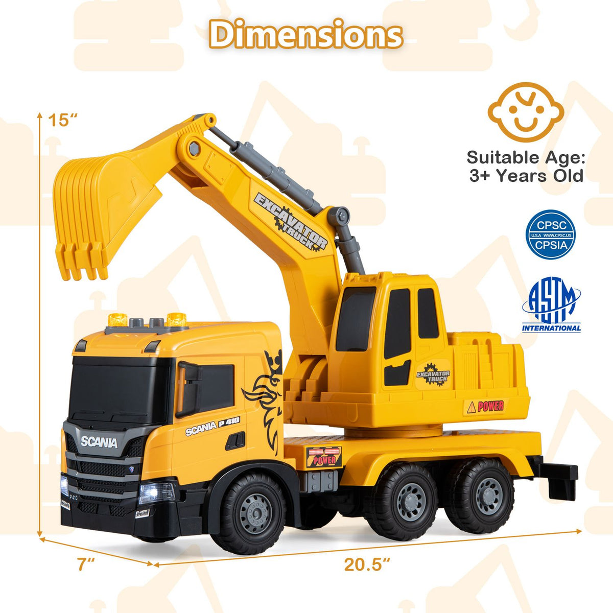 Kids Excavator Truck Toy with Adjustable Arm and Rotating Cab Licensed Scania, Yellow