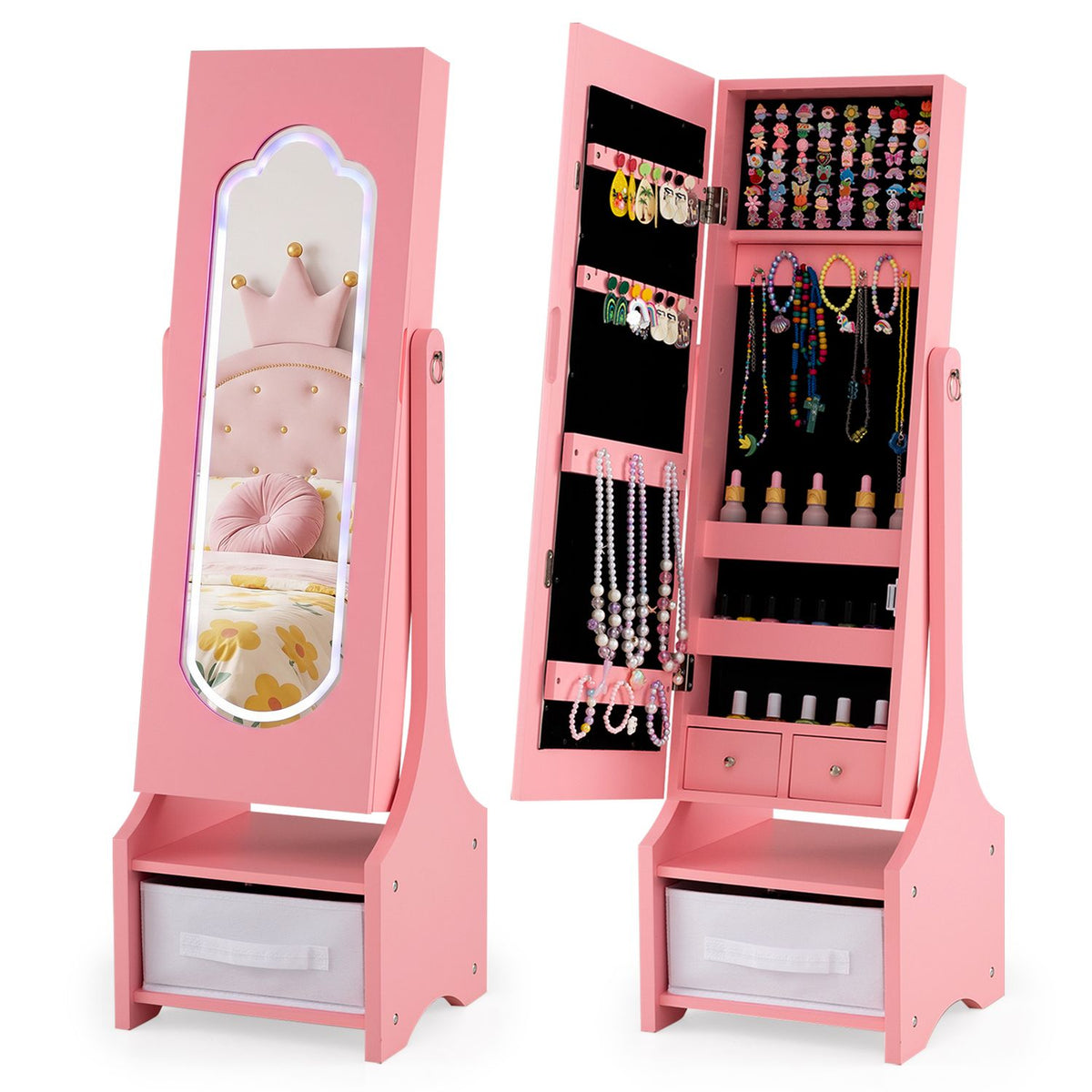 Pink armoire shown closed with its mirror and open to reveal jewelry storage compartments.