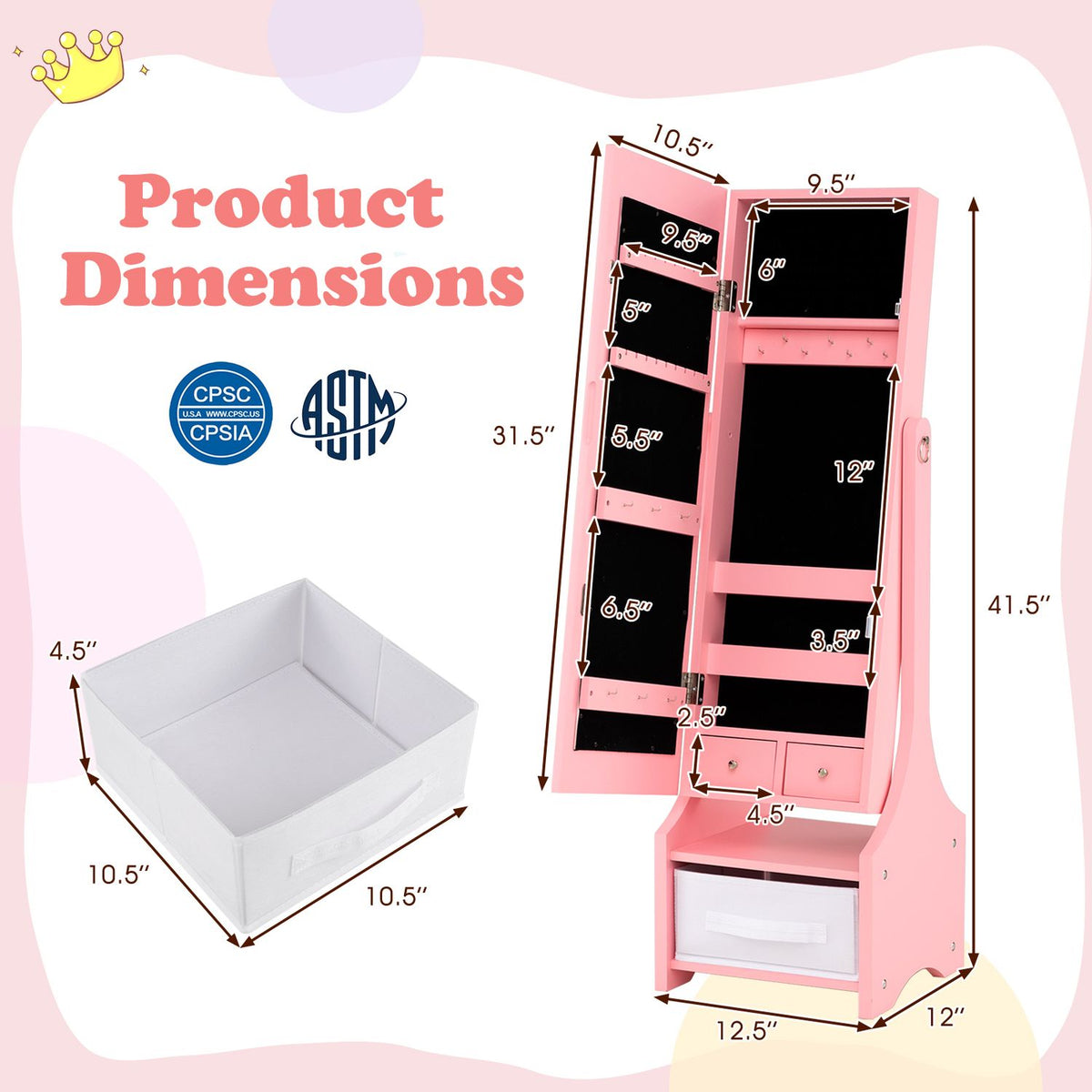 Pink jewelry armoire and removable drawer shown with measurement arrows on a graphic.