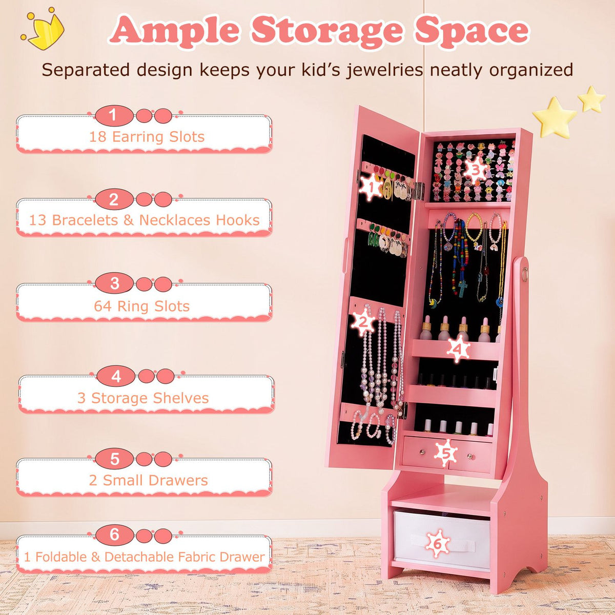 Open pink jewelry armoire displaying organized hooks, shelves, drawers, and jewelry storage compartments.