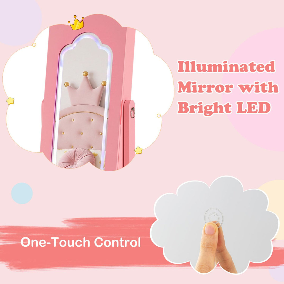 Close-up of the armoire’s illuminated mirror and a finger pressing its round touch control.