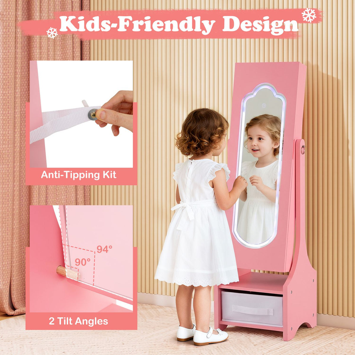 A child looks into the pink mirror armoire, with inset views of an anti-tip attachment and tilted base.