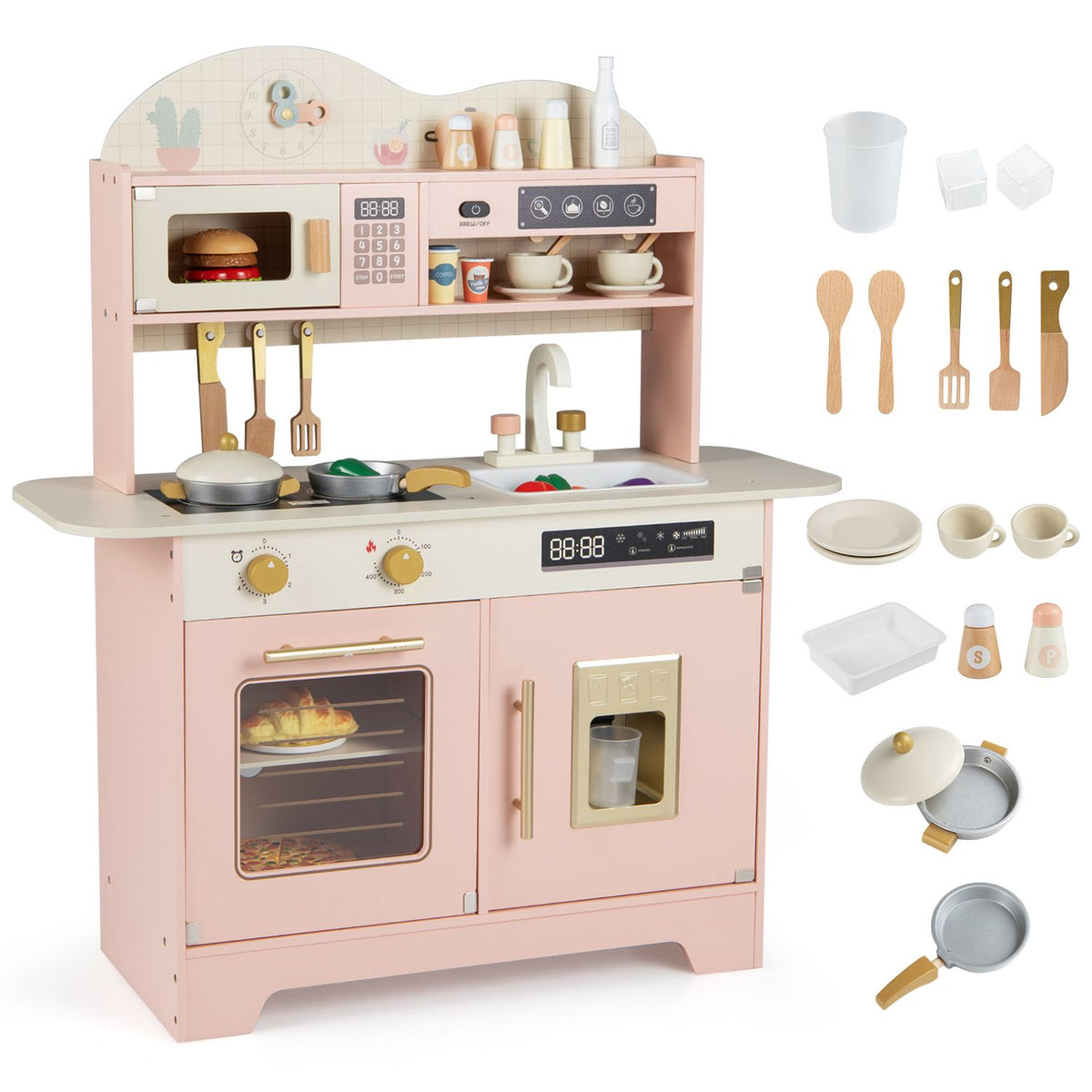 Pink toy kitchen beside an arranged selection of toy utensils, dishes, cups, food and cookware.