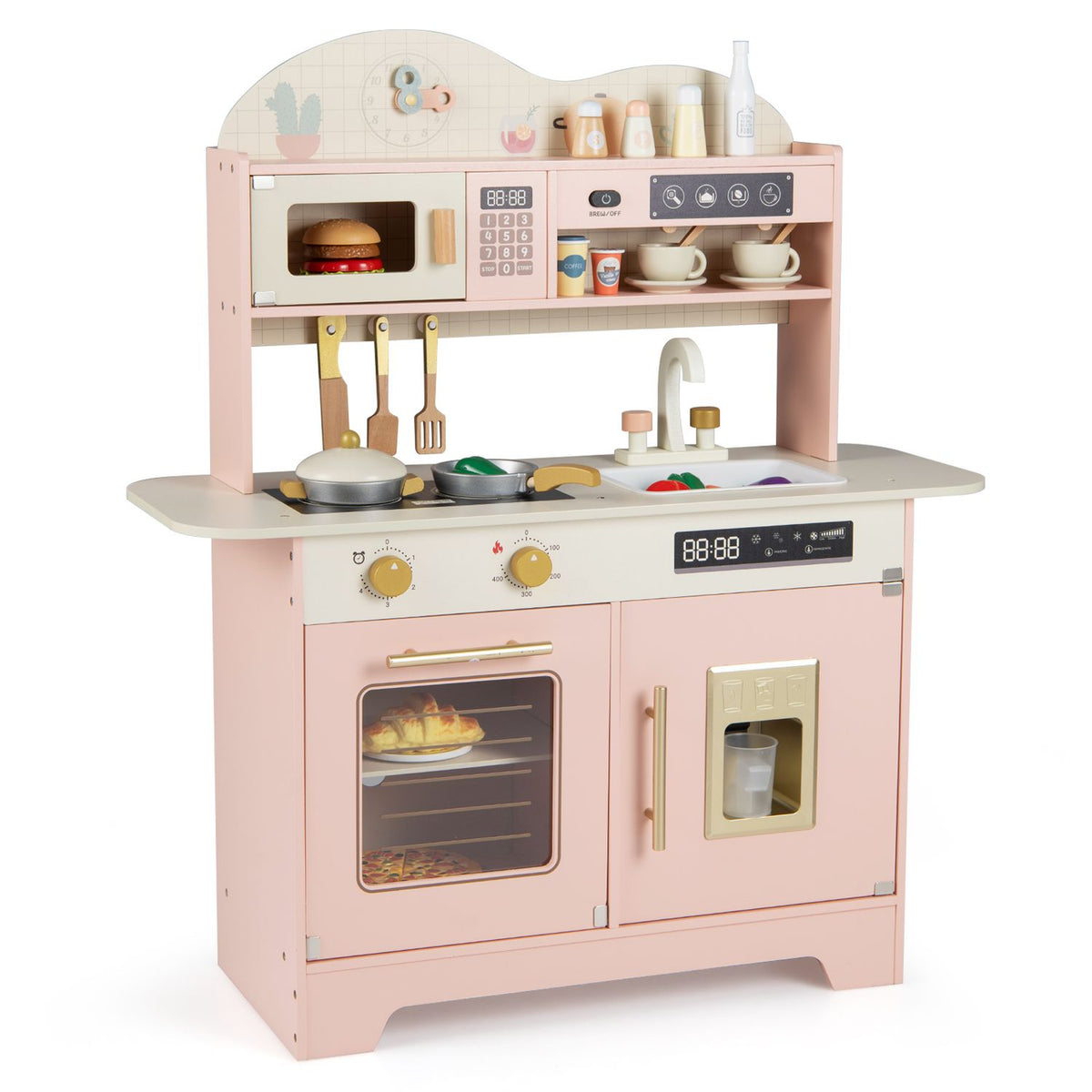 Pink toy kitchen shown against a plain white background, with its oven, sink, stovetop and upper shelves visible.