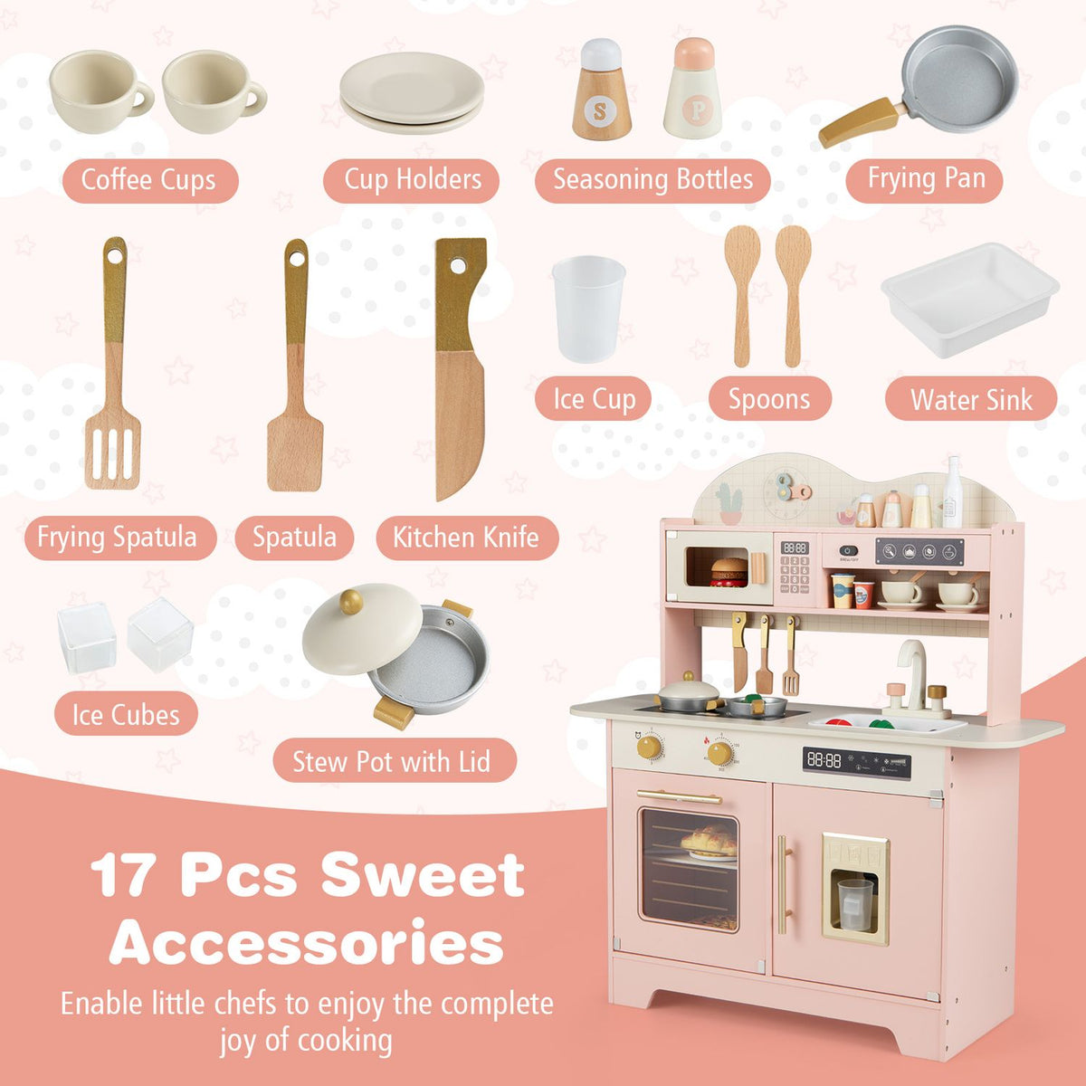Pink toy kitchen shown with miniature cups, utensils, bottles, a pan, pot, ice cubes, and sink.