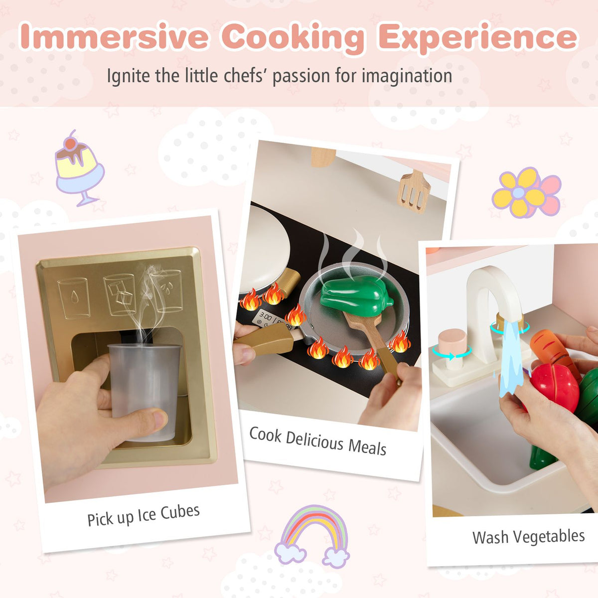 Close-ups show a hand using the toy ice dispenser, toy food cooking on the stove, and play vegetables under the faucet.