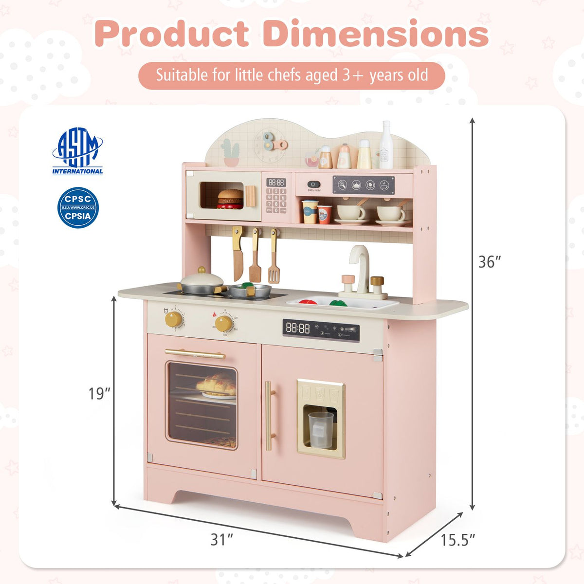 Pink play kitchen shown with arrows marking its height, width, depth, and counter height.