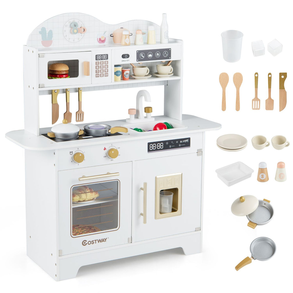 A white toy kitchen is shown beside an assortment of toy utensils, dishes, cups, pans and containers.