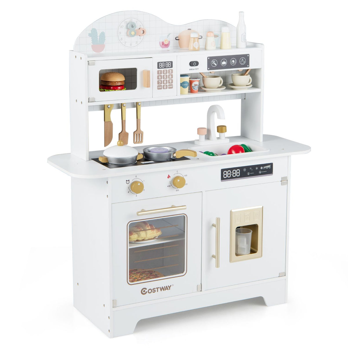 A white toy kitchen is shown alone against a plain background, with cookware and dishes arranged on it.