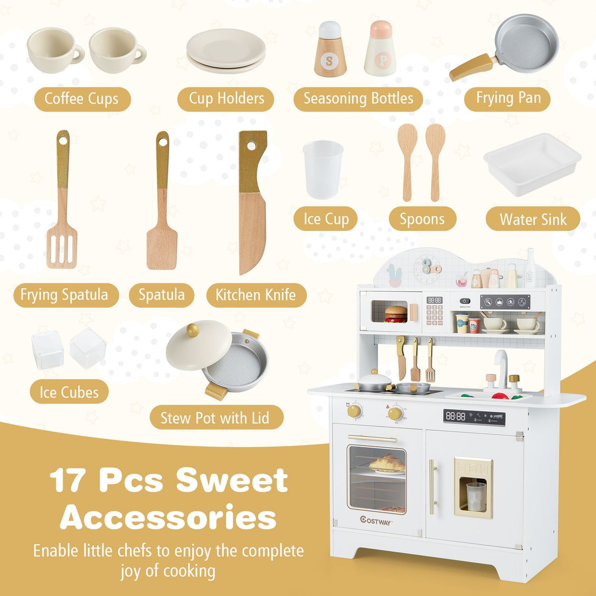 Toy kitchen displayed with cups, pans, utensils, seasoning bottles, ice cubes and other play accessories.
