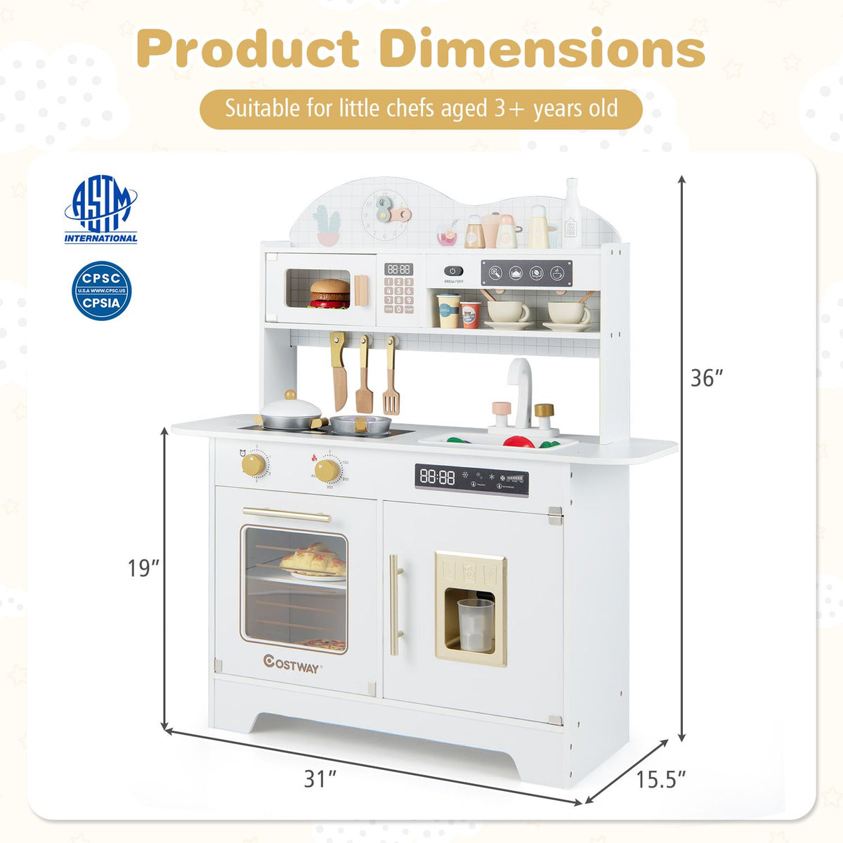 White play kitchen shown with arrows marking its height, width and depth.