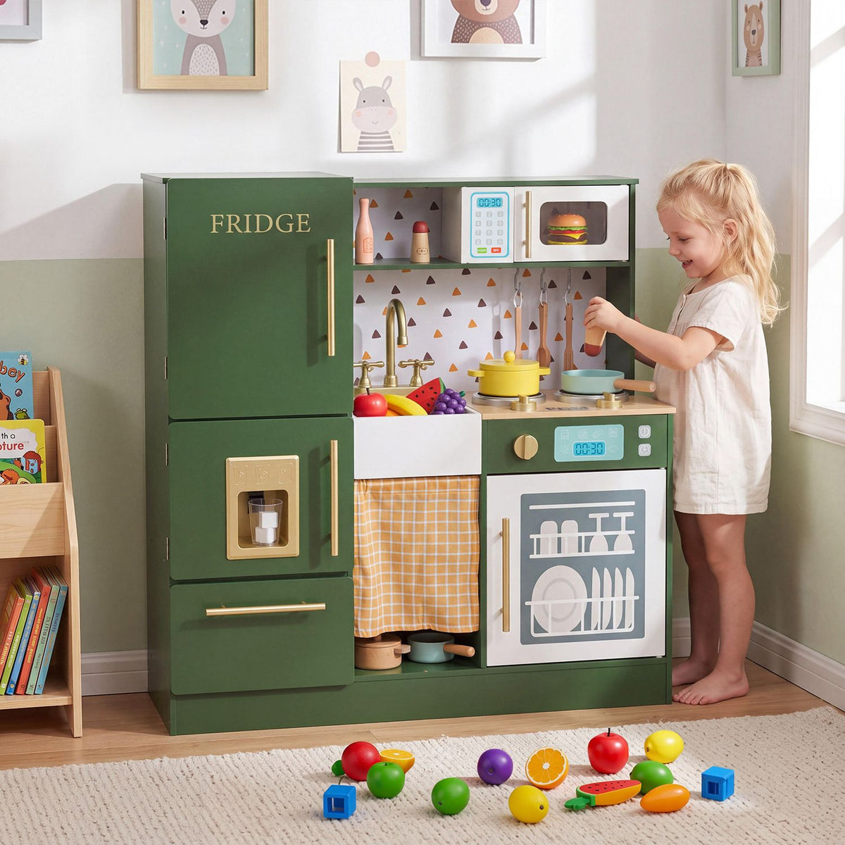 A child plays at a green toy kitchen with a pot, pretend food, refrigerator, and dishwasher.