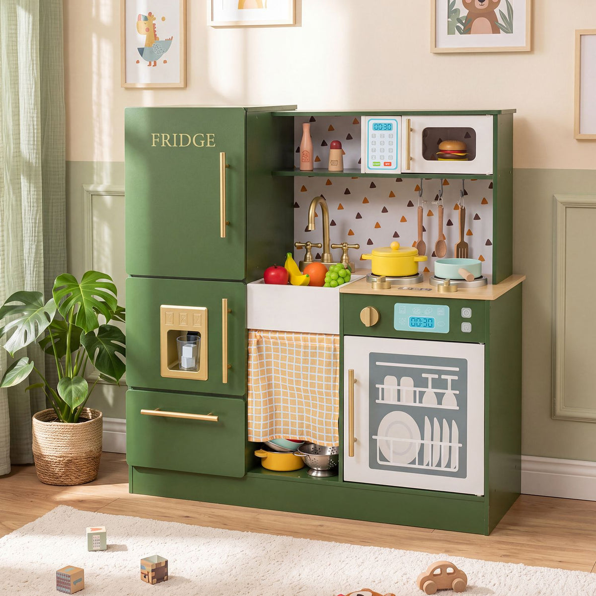 Green play kitchen displayed in a bright room, with toy dishes, pretend food, and accessories.
