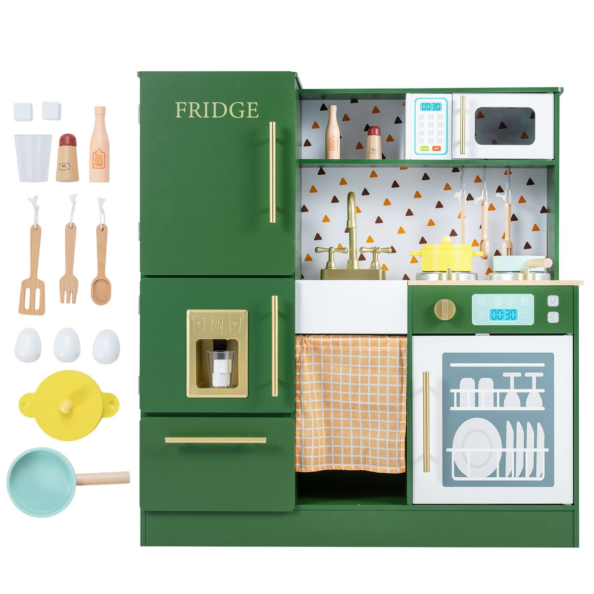 Green toy kitchen shown with play utensils, cups, eggs, a pan, and other accessories on white.