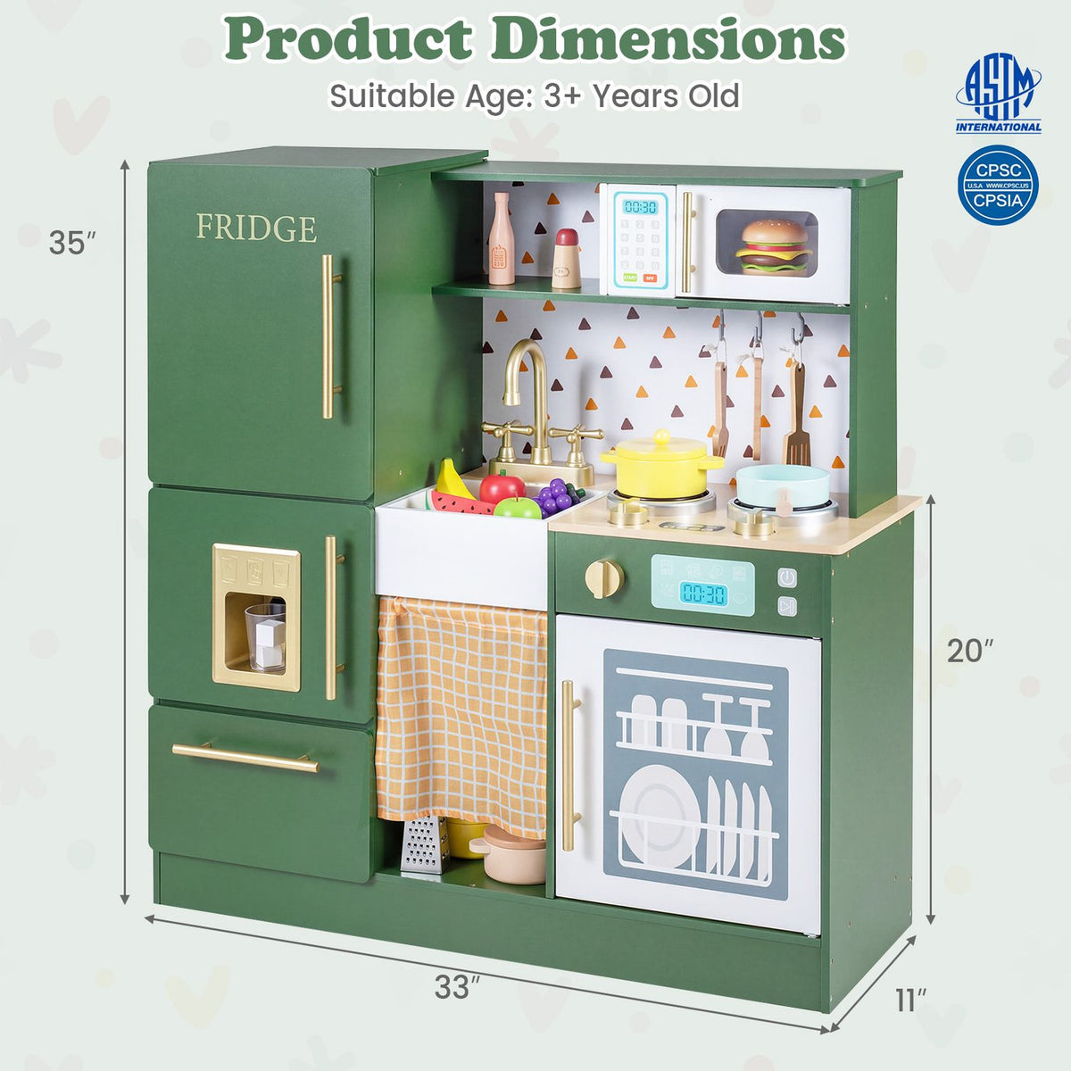 Green play kitchen shown with measurement arrows and cooking accessories on its shelves and counter.