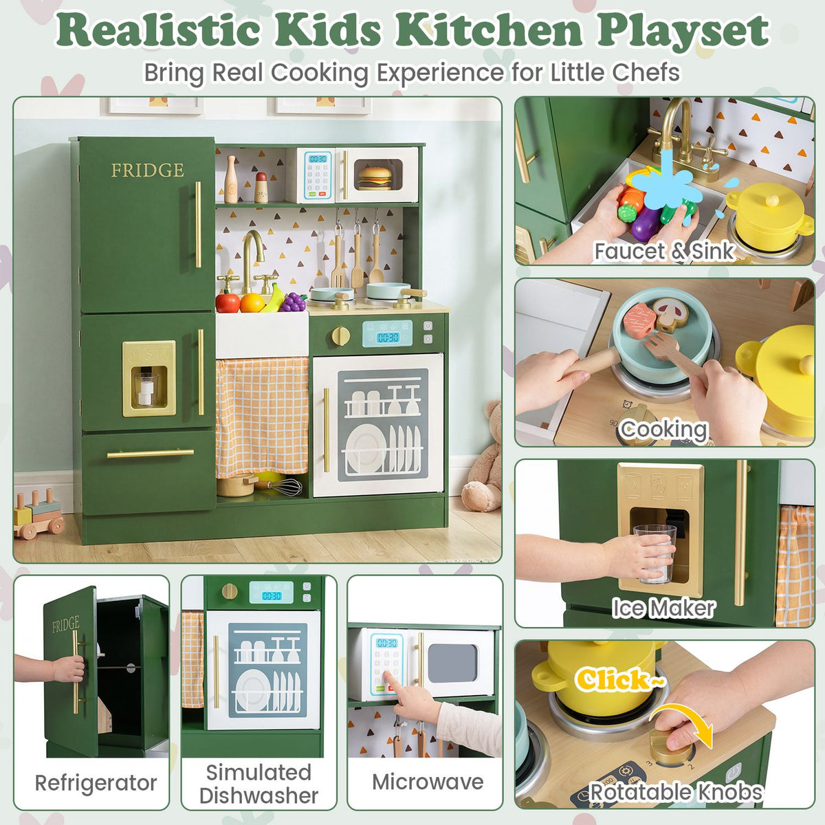 Green play kitchen with close-up views of the sink, cooking area, ice maker, knobs, and appliance doors.
