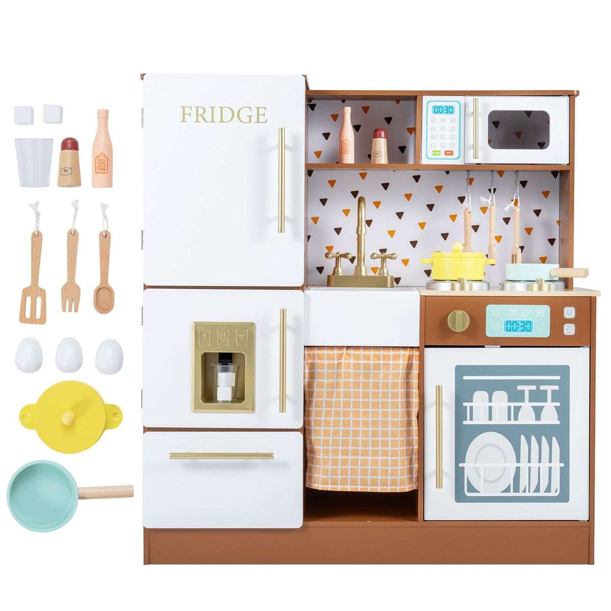 Play kitchen displayed against a white background beside toy utensils, dishes, and pretend food.